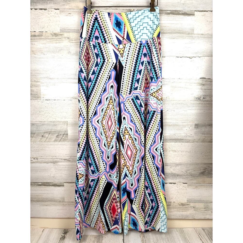 Arolina Womens M Multi Geometric Palazzo Pants Wide Leg Pull On Cozy